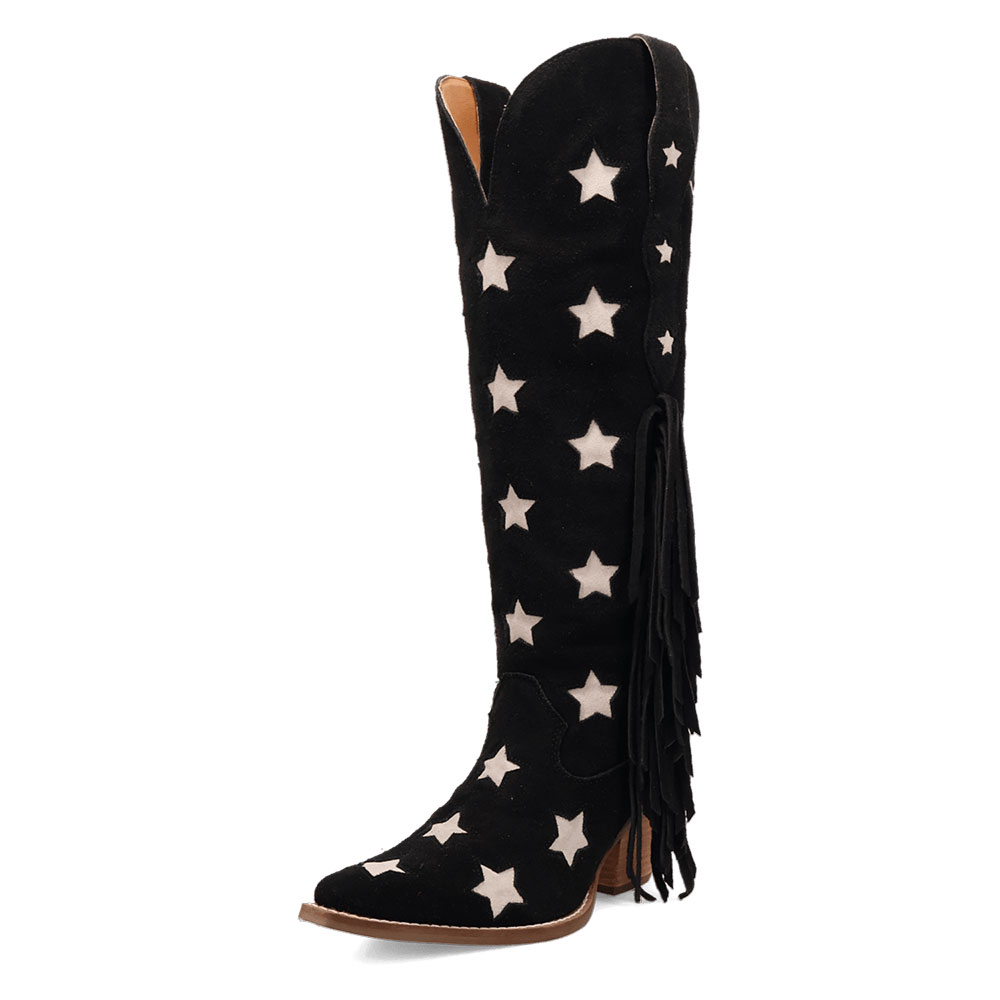 Black Stars Inlay Pointed Toe Chunky Heel Cowgirl Boots with Fringe Nicepairs