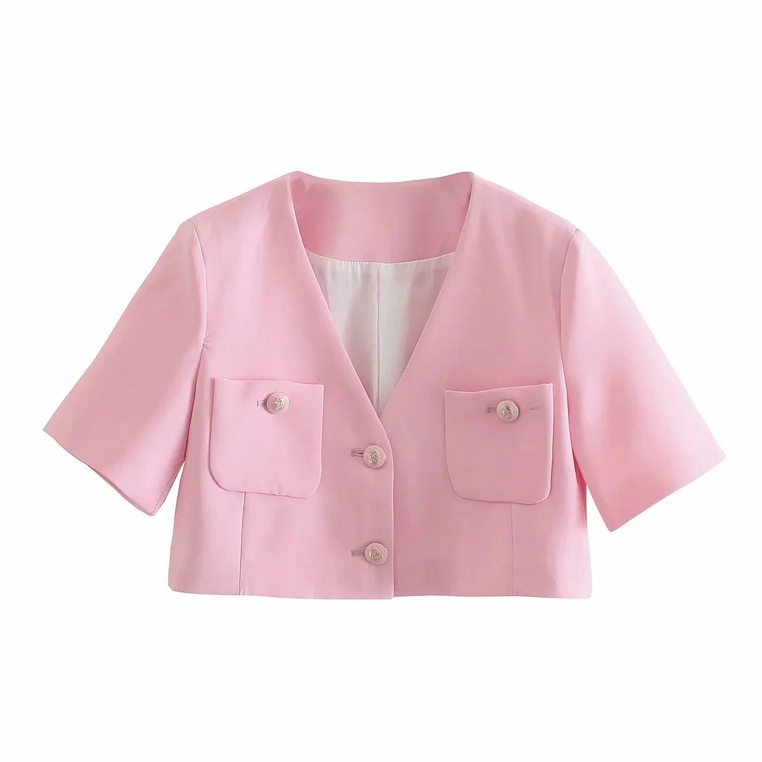 Elegant Pink Cropped Simple Women Blazer Jacket Casual New Single Breasted V-neck Short Sleeve Chic Pockets Female Elegant Coats