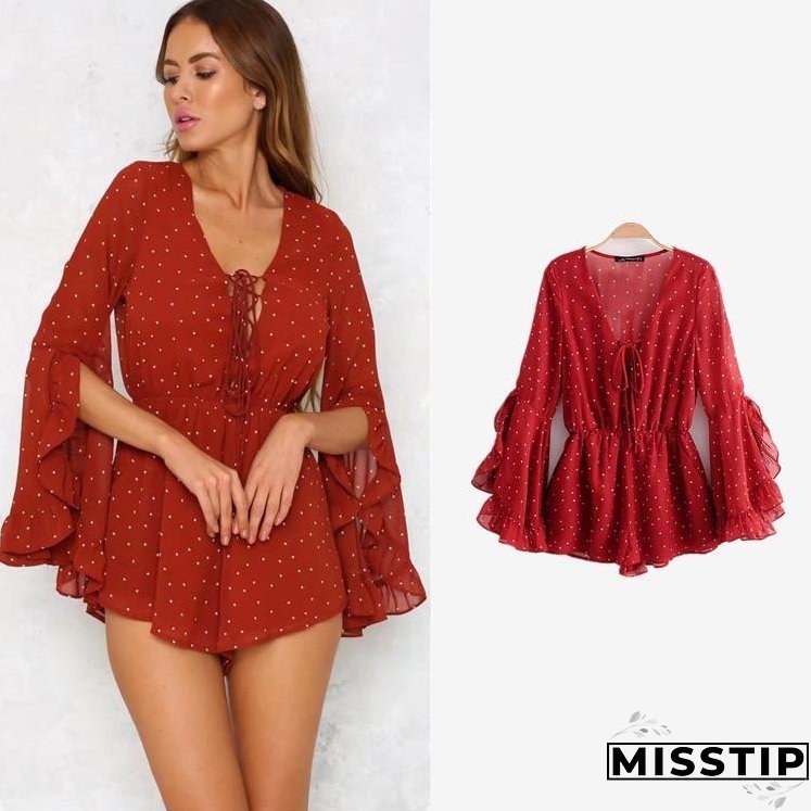 Summer Bohemian Wave Point V-Neck Print Jumpsuit
