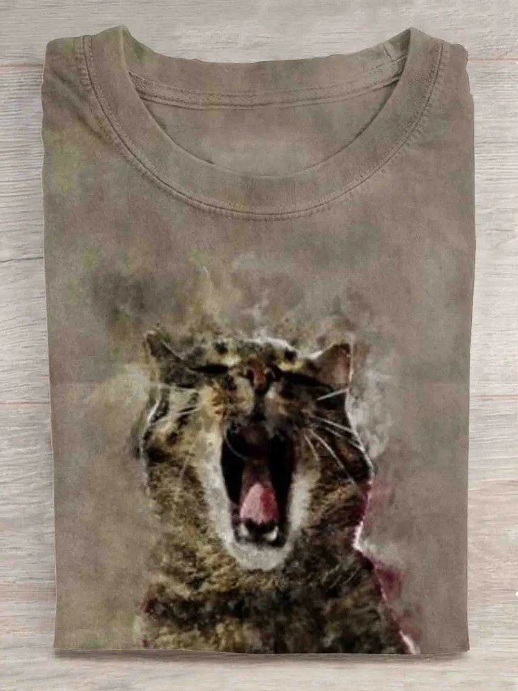 Halloween Yawning Cat Art Print Casual T-Shirt - Solid Color