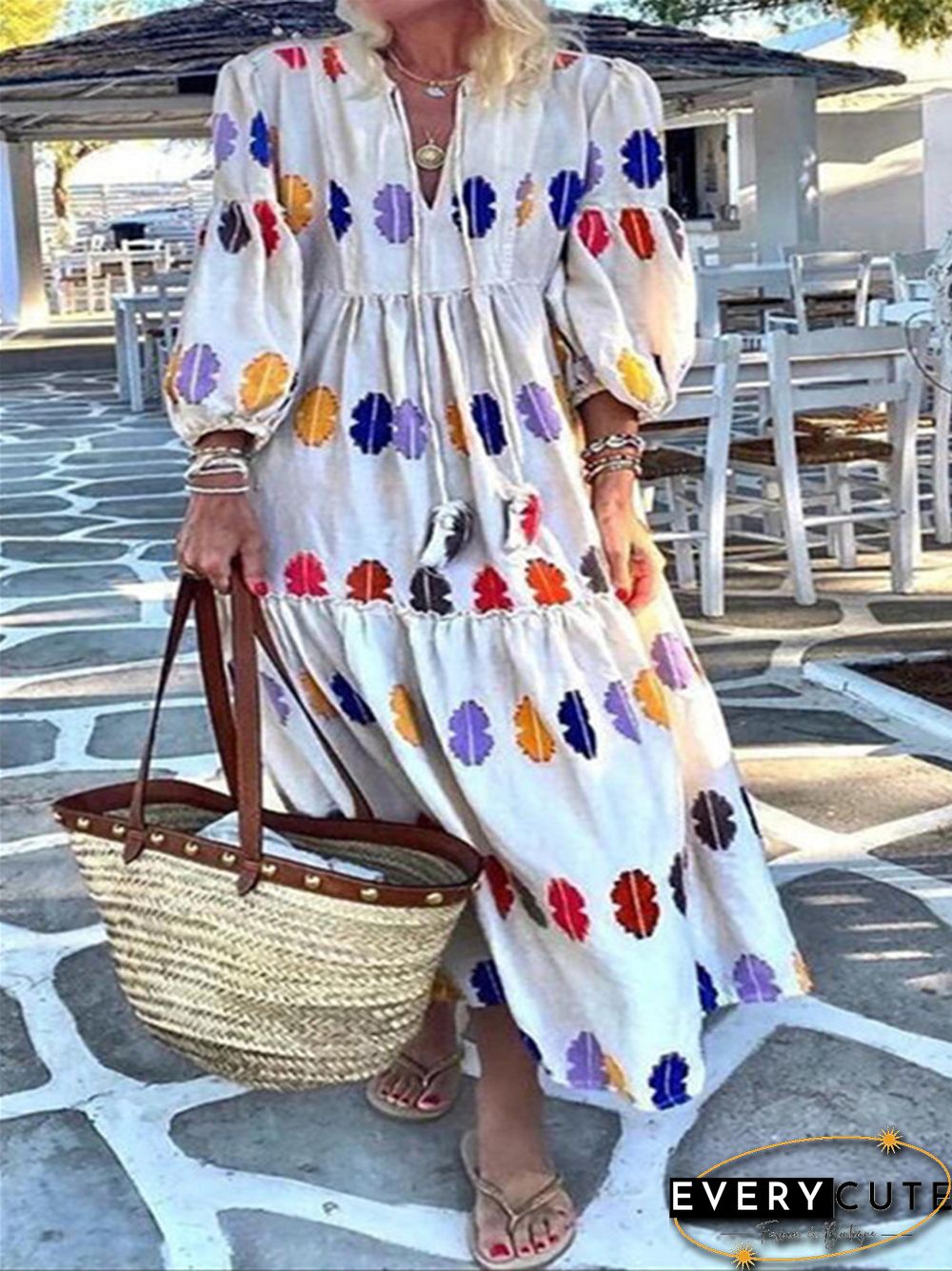 Lantern Long Sleeve V-neck Temperament Commuter Cake White Dresses