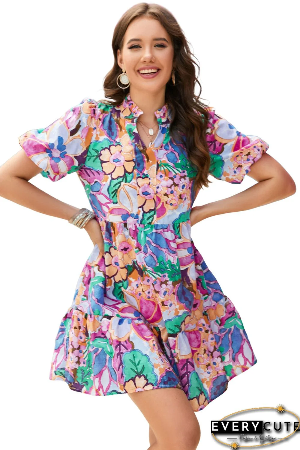 Multicolor Floral Print V Neck Puff Sleeve Mini Dress