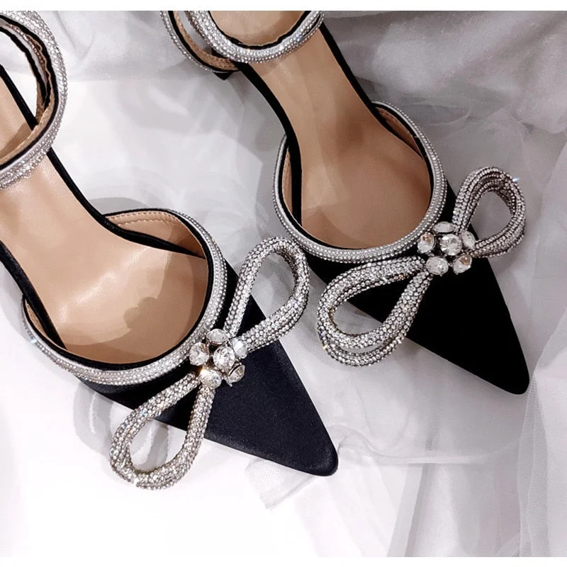 2022 Hot Glitter Rhinestones Women Pumps Crystal bowknot Satin Summer Lady Shoes Genuine leather High heels Party Prom Shoes