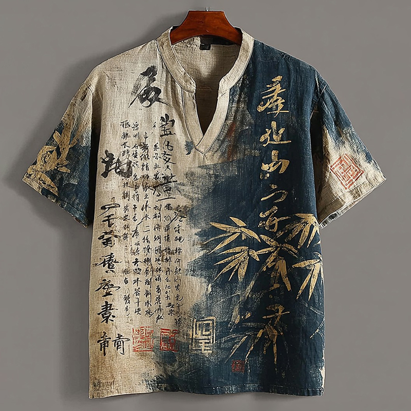 Retro Japanese Style Bamboo Leaf And Calligraphy Linen Long-sleeved Shirt  artssus