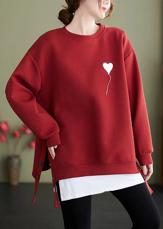 Red Print Cotton Pullover Streetwear O Neck Side Open Winter