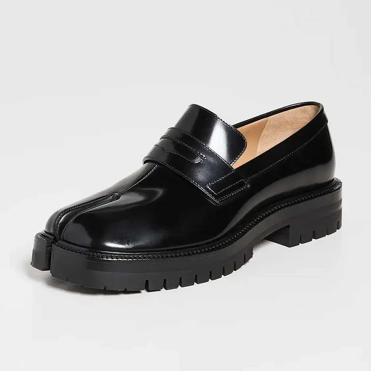 Black Signature Split Toe Vamp Strap Chunky Loafers for Women |FSJ Shoes
