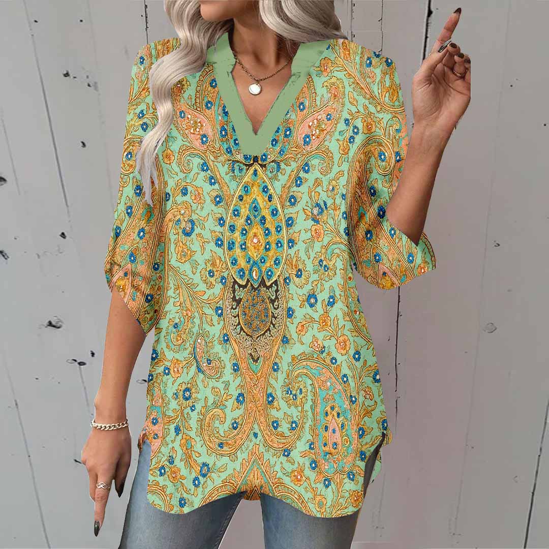 Women Retro, Green, Yellow DZGA0345 3/4 Sleeve V-neck Printed Graphic Button Tops
