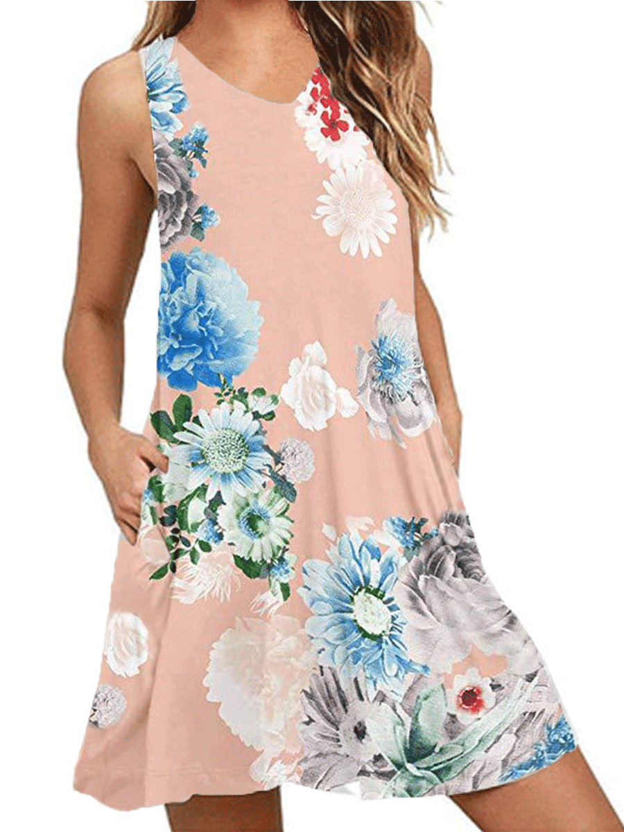 V-neck Print Sleeveless Pocket Dress