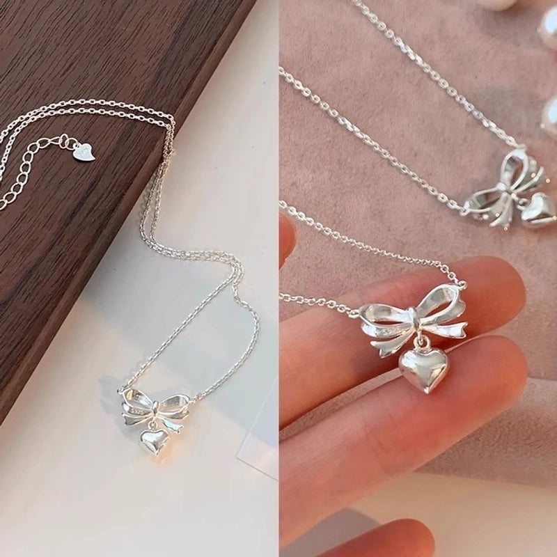 925 Sterling Silver Plating Bow Knot Pendant Necklace