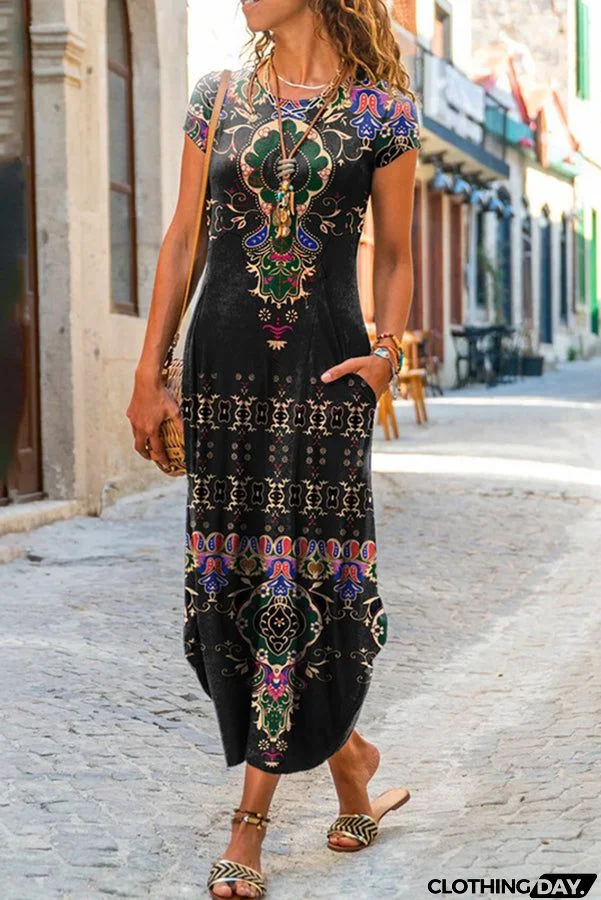 Ada Ethnic Floral Pocketed Daily /vacation Stretch Midi Dress