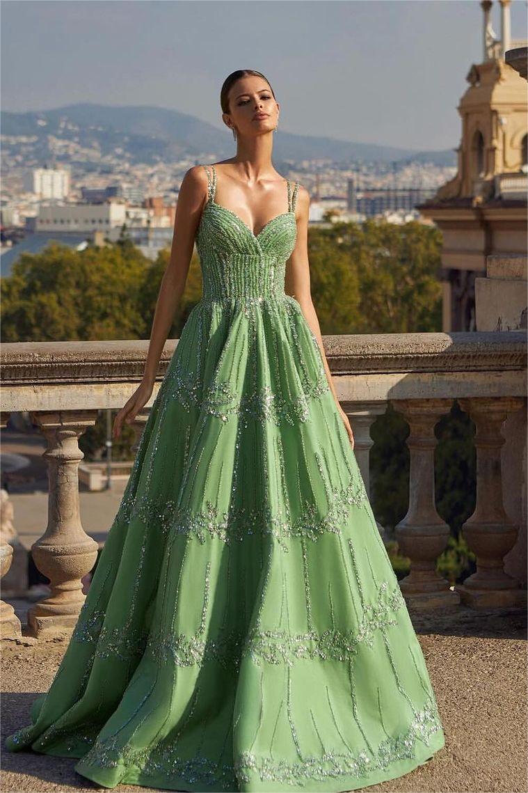 Lvs&Broner Green Spaghetti Strap Sweetheart Sleeveless Prom Dress With Bead Embroidery