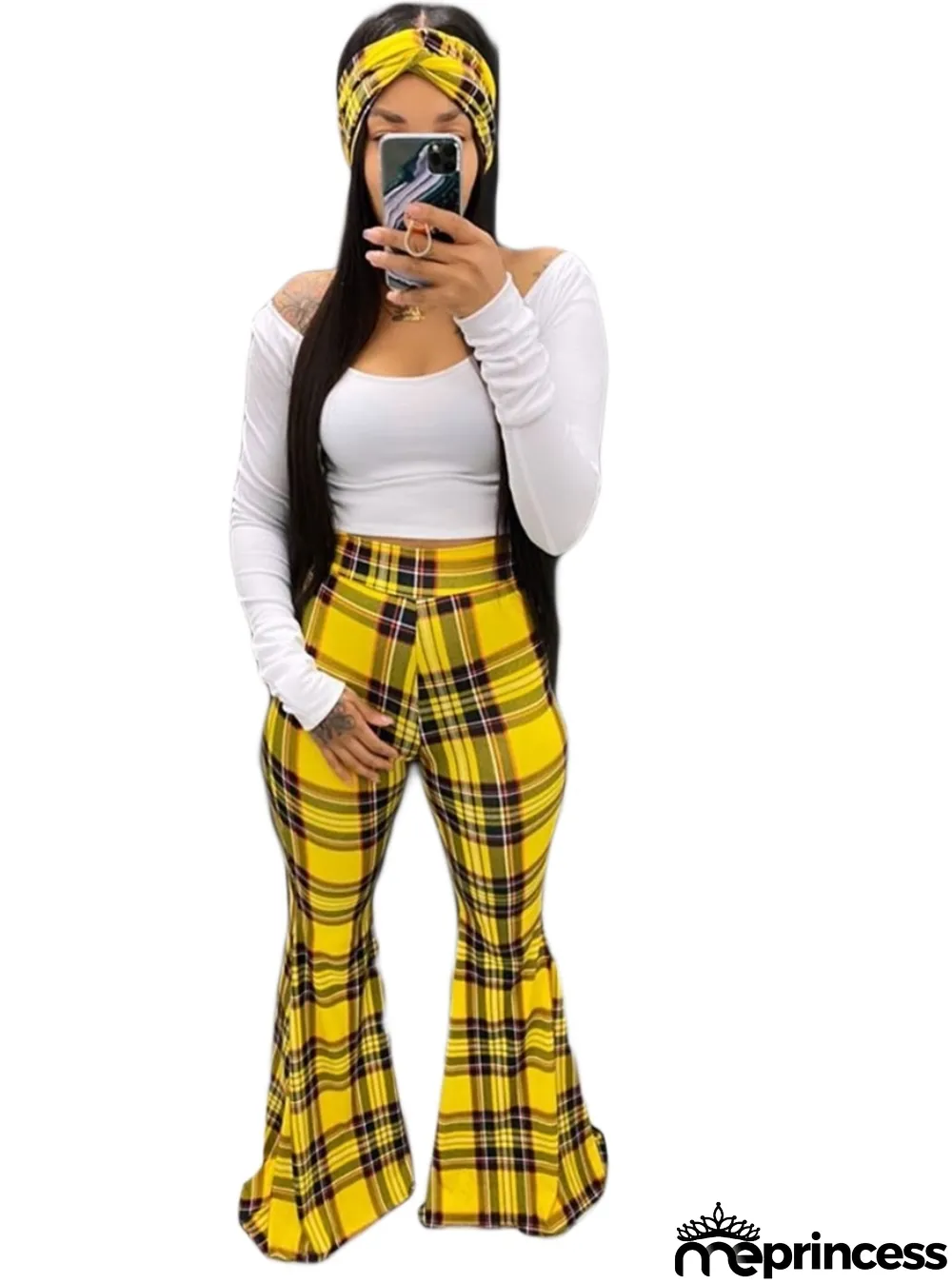 African Three Piece Plaid Flare Pants Set