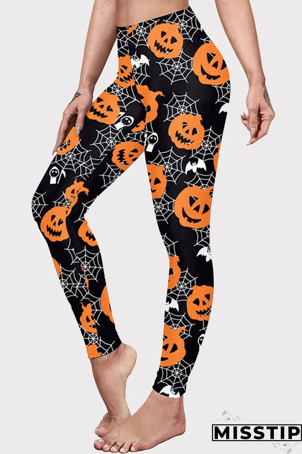 Black Halloween Fashion Casual Basic Print High Waist Skinny Trousers