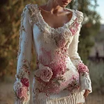 Elegant Boho Roses Fiber Art Cozy Knit Sweater Mini Dress - Image 2