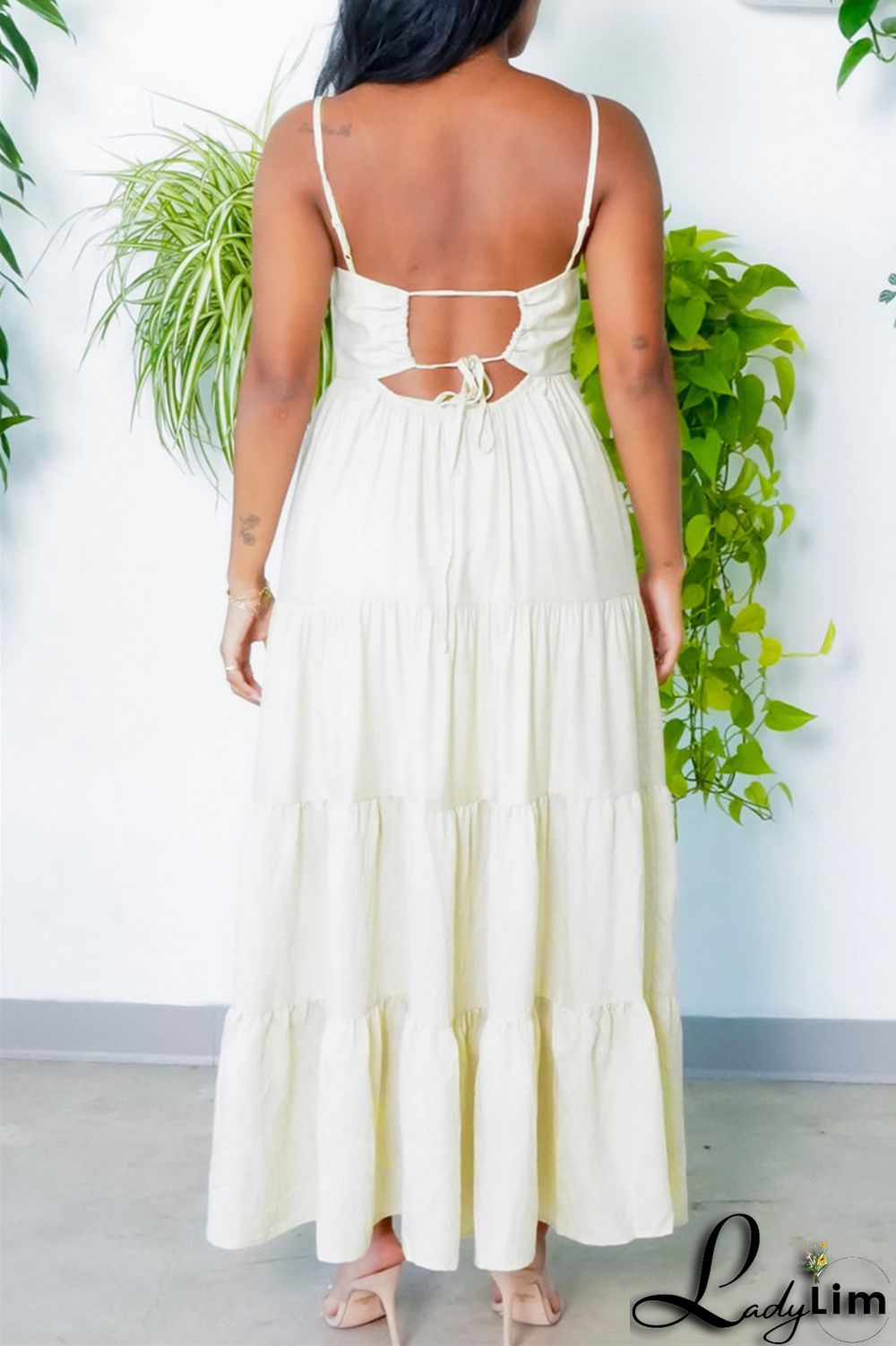 Yellow Fashion Casual Solid Backless Spaghetti Strap Long Dress