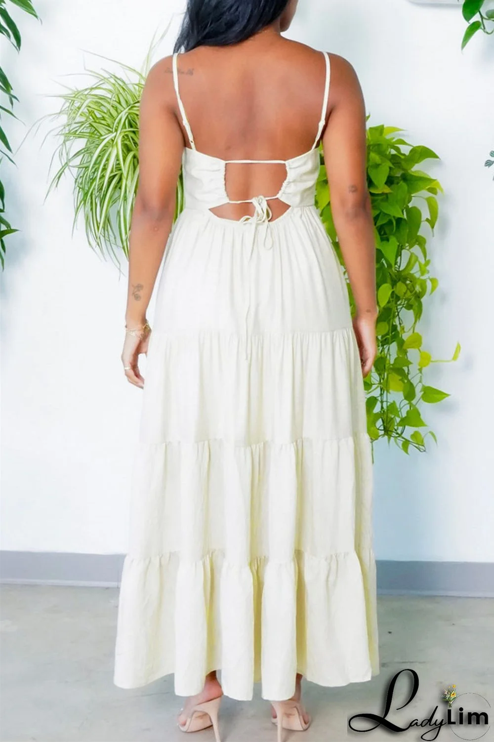 Yellow Fashion Casual Solid Backless Spaghetti Strap Long Dress