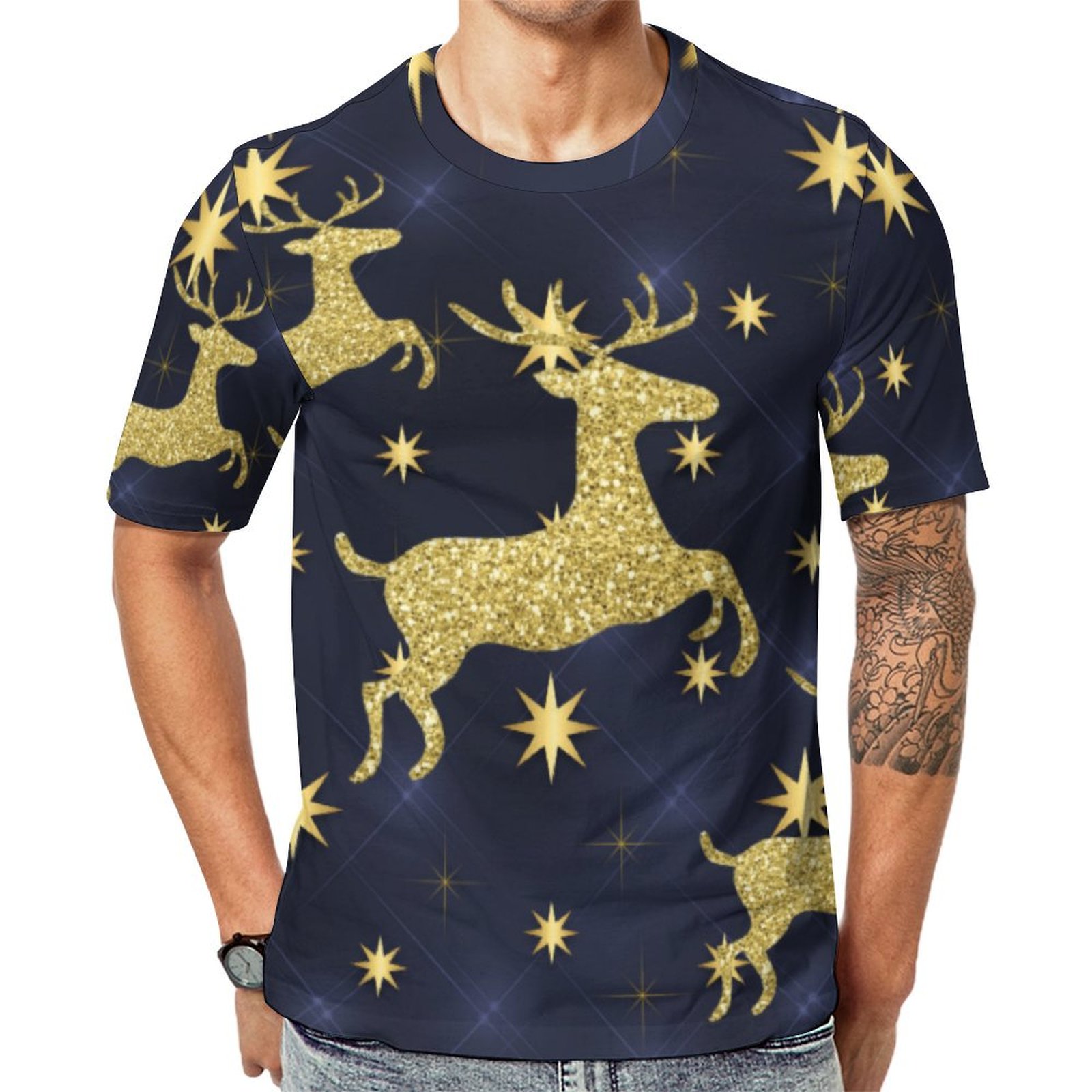 Golden Reindeer Stars Midnight Black Short Sleeve Print Unisex Tshirt Summer Casual Tees for Men and Women Coolcoshirts