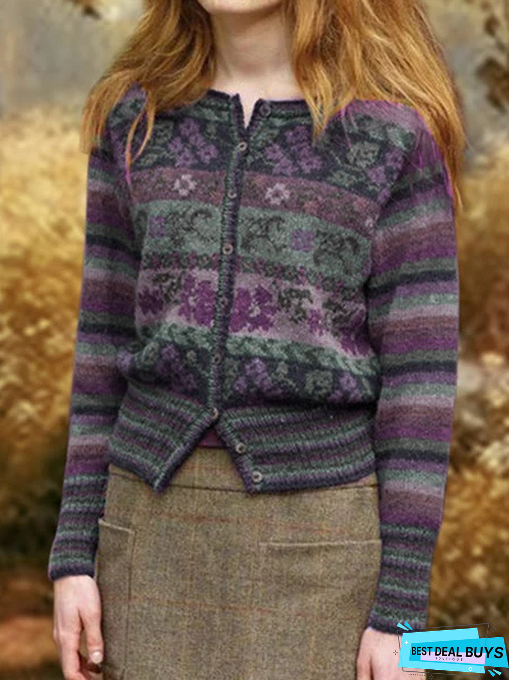 Color Floral Casual Color-Block Knit coat