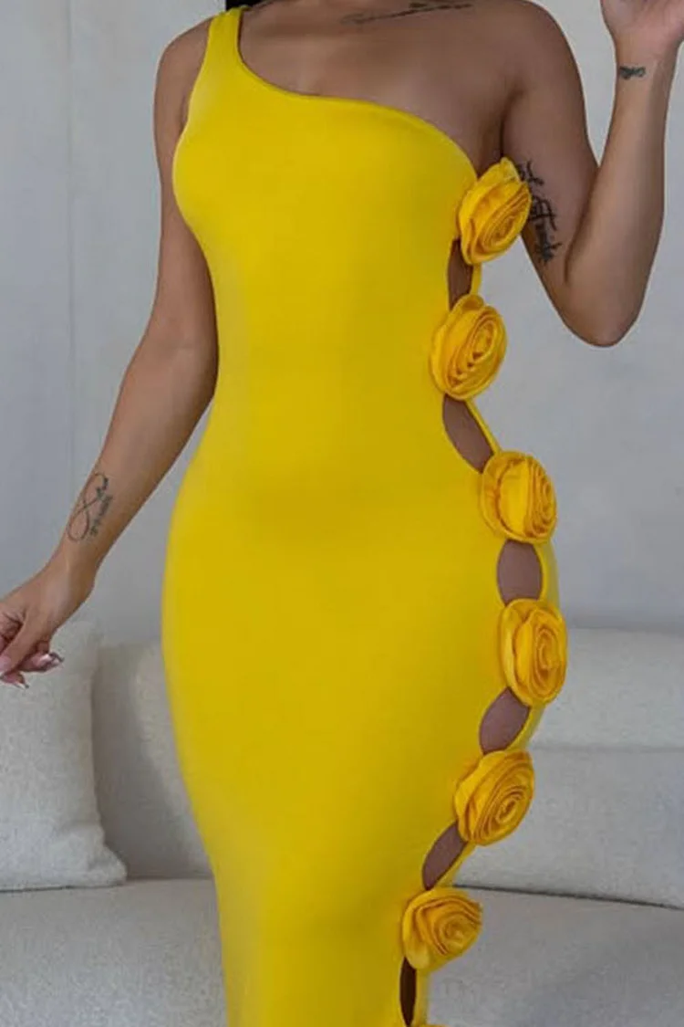 Rosette Cutout One Shoulder Bodycon Party Maxi Dresses-Yellow [Pre Order]