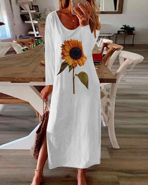 Fashion Plus Size Sunflower Print Long Sleeve Dress - Chicaggo