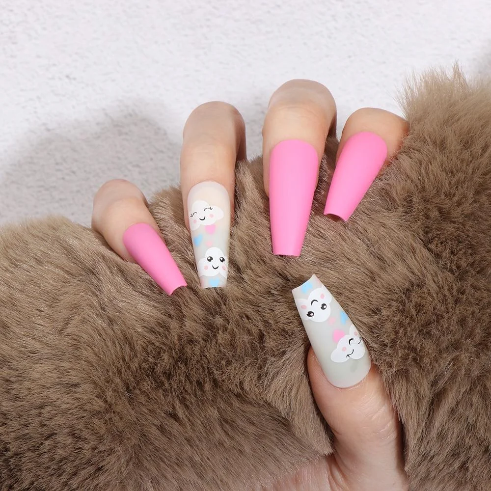 24pcs/Box fake nail with design Detachable Pink Cloud Coffin False Nails Wearable Ballerina Fake Nails Full Cover Nail Tips 1113