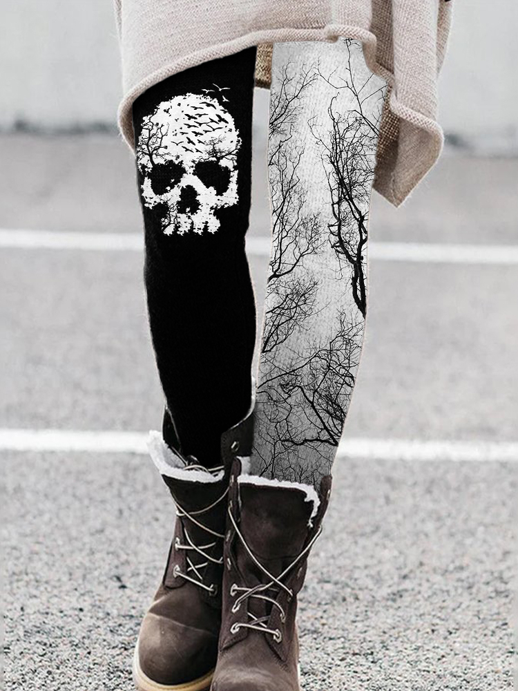 Forest Inspired Spooky Skull Contrast Leggings wearshes