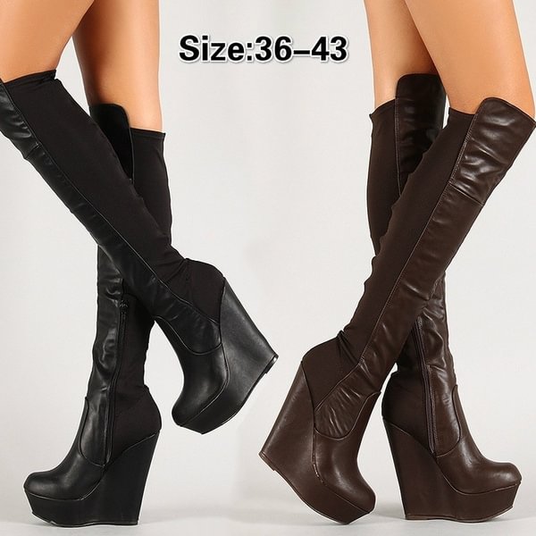 Women's Fashion Knee High Leather Wedge Boots Vintage Round Toe Thigh High Platform Boots Autumn Winter High Heel Ankle Boots Shoes - Shop Trendy Women's Clothing | LoverChic