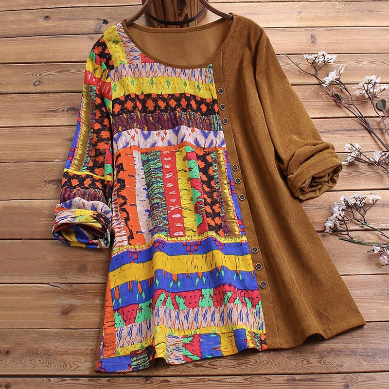 Women Vintage Ethnic Print Patchwork Tops