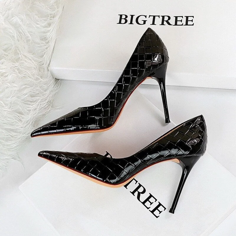 Brand Luxury Women's Green High Heels Shoes Sexy Party Braided Pumps Ladies Fashion Leather Shoes Wave Plus Size Office Career