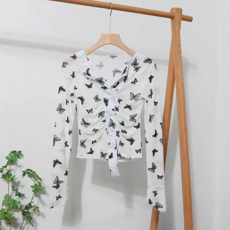 Uveng Pink V-Neck Velvet Bow Single Buckle Buckle Coat On The Head Short Long-Sleeved Mesh T-Shirt 8900