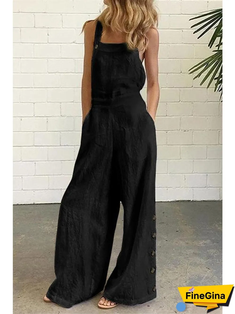 Modern Solid Color Sleeveless Side Pocket&Buckle Jumpsuit P13483