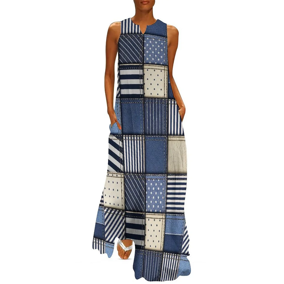 Style & Comfort for Mature Women Plus Size Printed Sleeveless Casual Women Maxi Dress with Pockets in Pattern Patchwork, Denim Blue