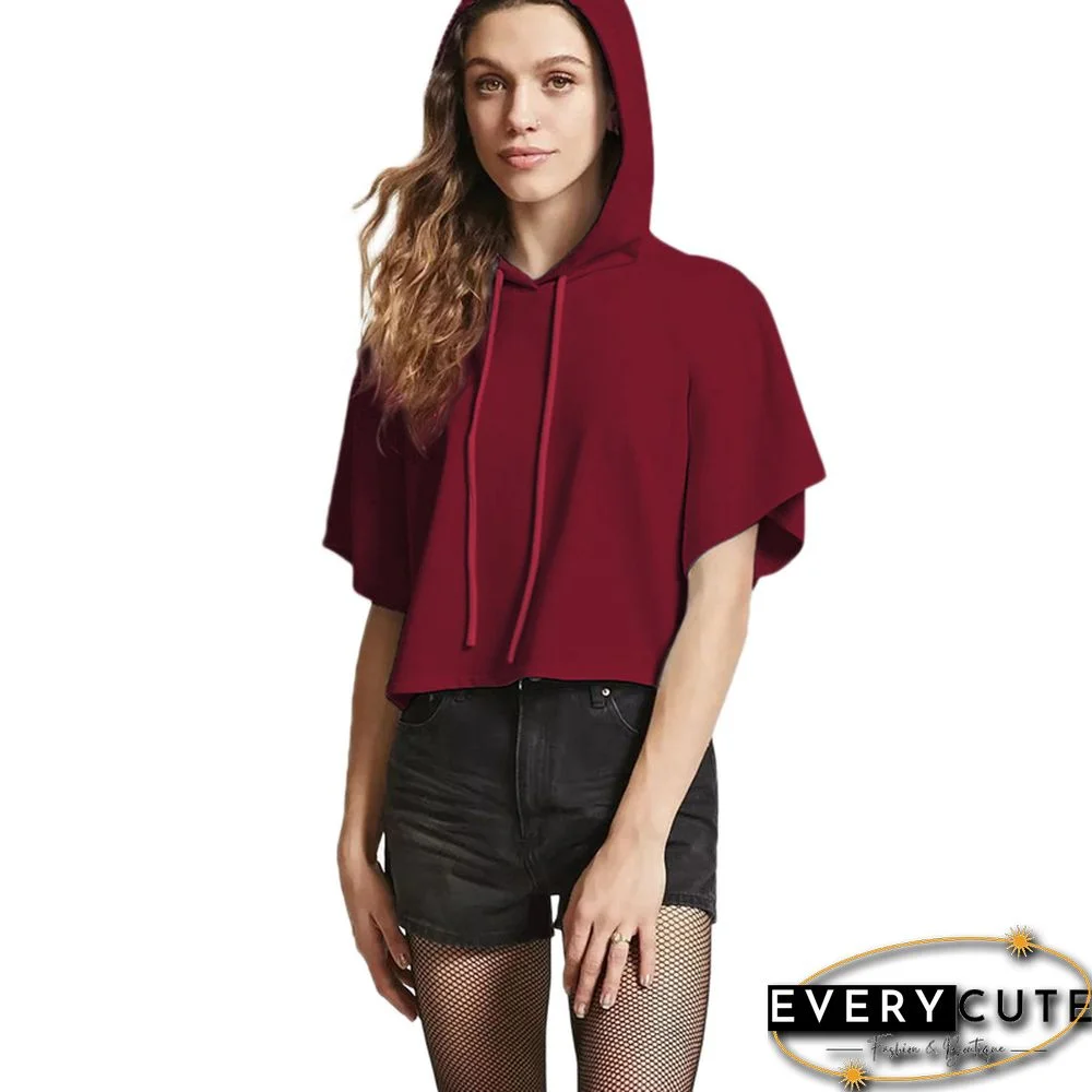 Wine Red Short Hoodie with Hat