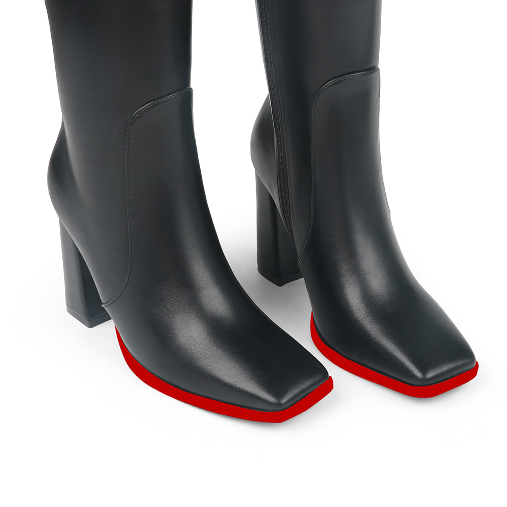 95mm/3.74 Women's Knee High Red Bottom Boots Chunky Heels Square Toe Boots Go Go Boots with Side Zipper-vocosishoes