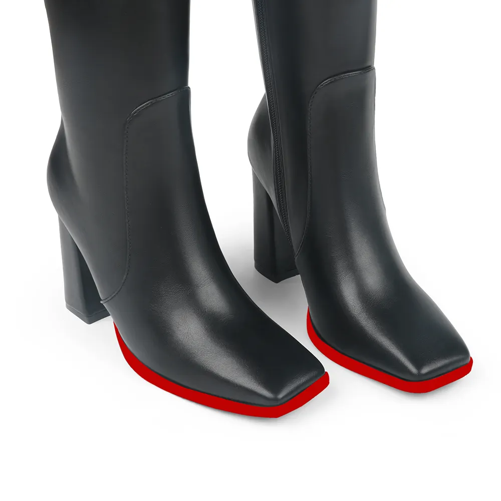 95mm/3.74 Women's Knee High Red Bottom Boots Chunky Heels Square Toe Boots Go Go Boots with Side Zipper-vocosishoes