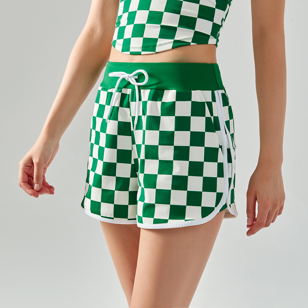 Hergymclothing Green White Plaid women's checkerboard print soft drawstring workout gym loose yoga shorts online shopping