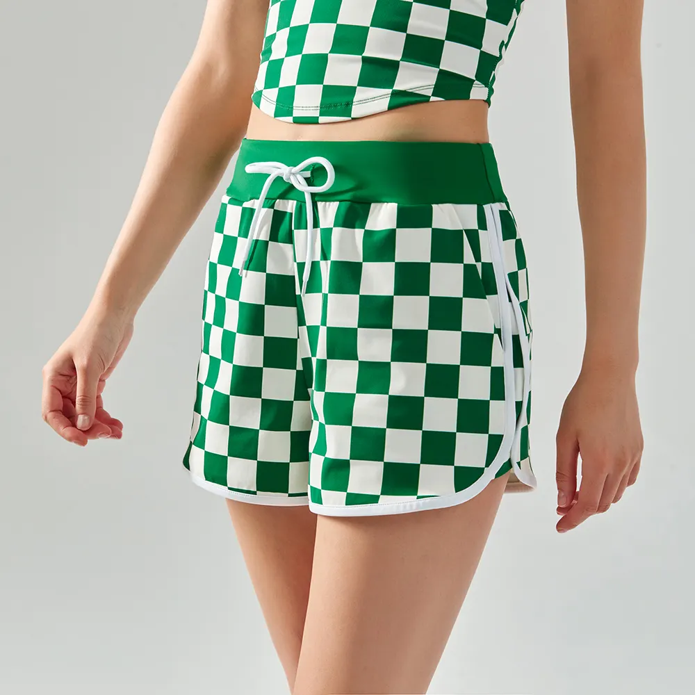 Hergymclothing Green White Plaid women's checkerboard print soft drawstring workout gym loose yoga shorts online shopping