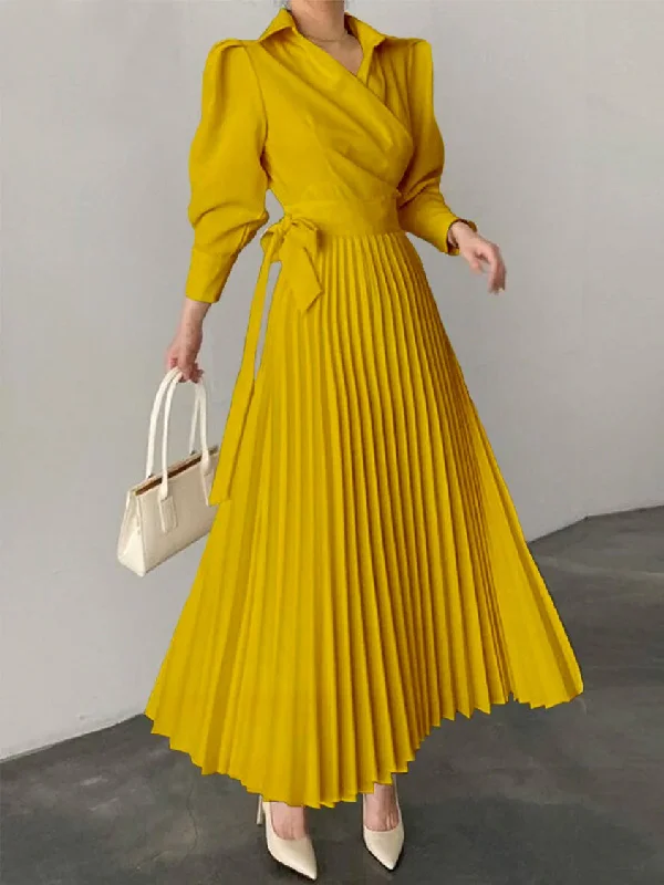 Office Pleated Asymmetric Solid Color Lapel Maxi Dresses