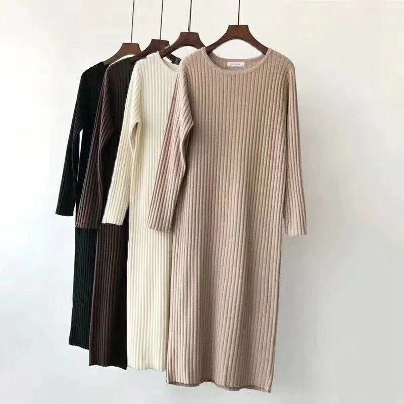 Athvotar Athvotar And Winter 2025 Long-Sleeved Collar Knitted Dress New Medium And Long Solid Color Bottom Straight Over Knee Dress