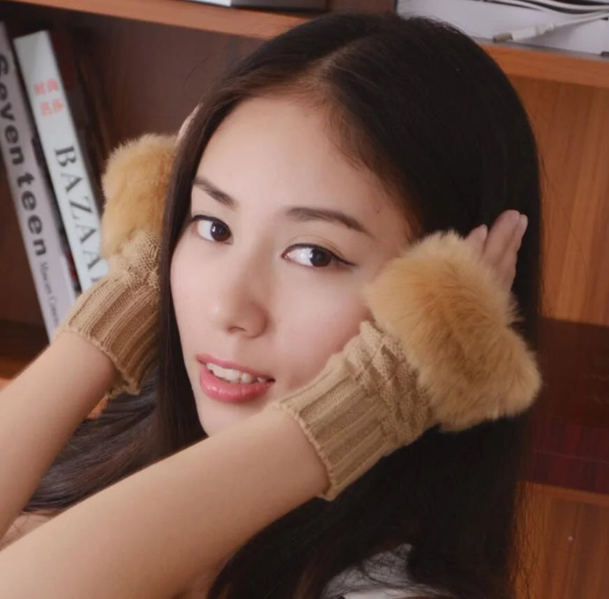 CUHAKCI Half Finger Woolen Winter Gloves Women Knitted Warm Mittens Long Imitation Rabbit Hair Lovely Fur Patchwork