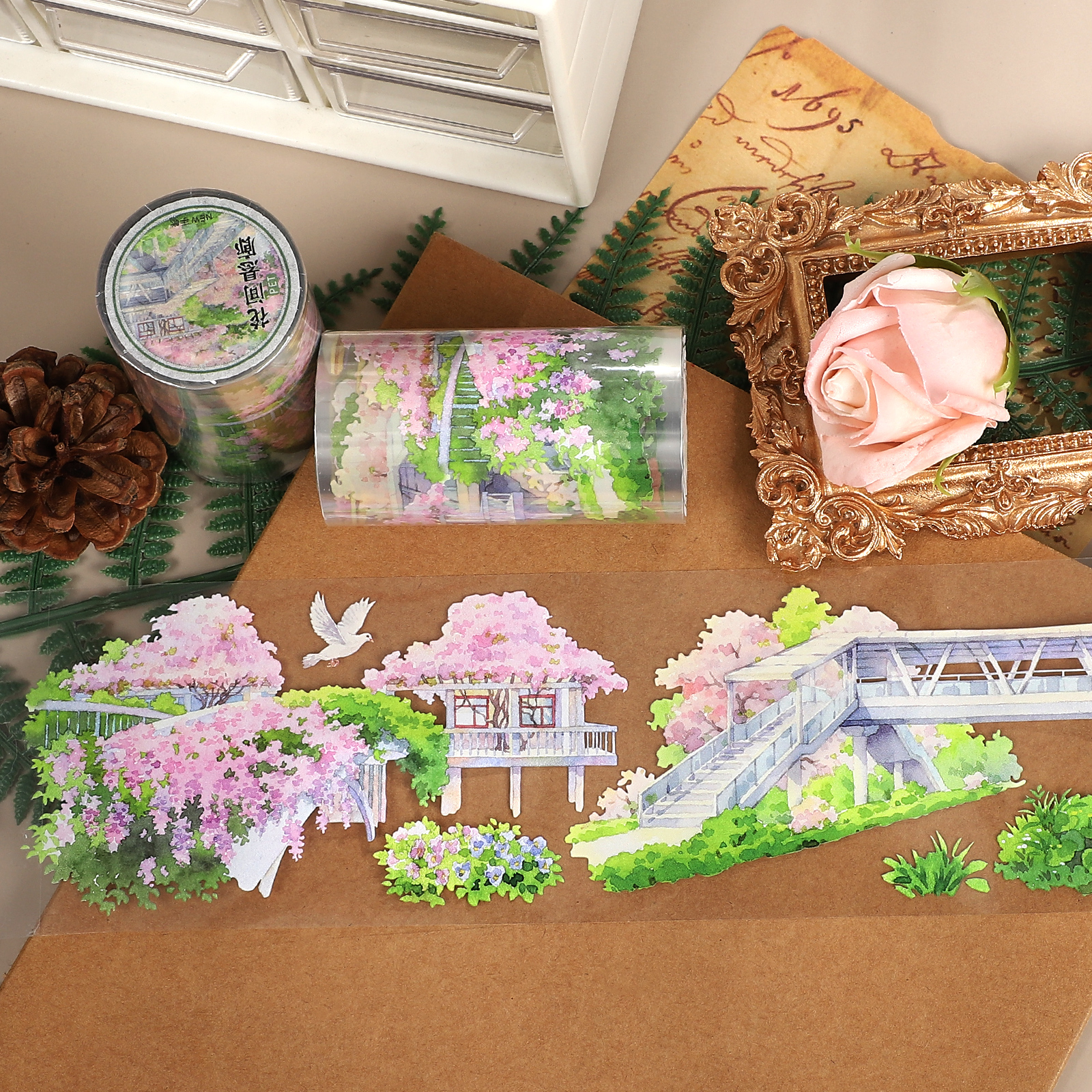 PET 테이프 - 70mm*5.4m 빈티지 식물 꽃 복도