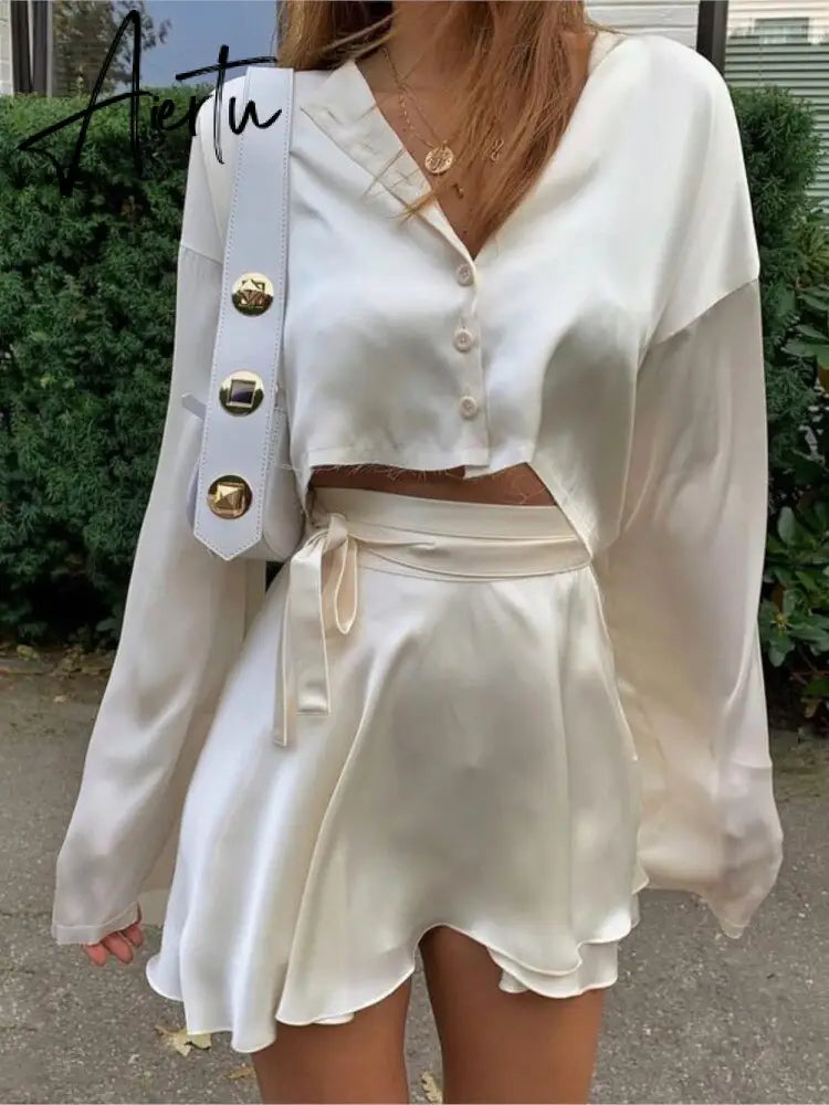 Satin Lantern Long Sleeves Skirt Blouse Set Elegant Lace Up High Waist White Tops Suits Women Sexy Sports Style Streetwear Aiertu
