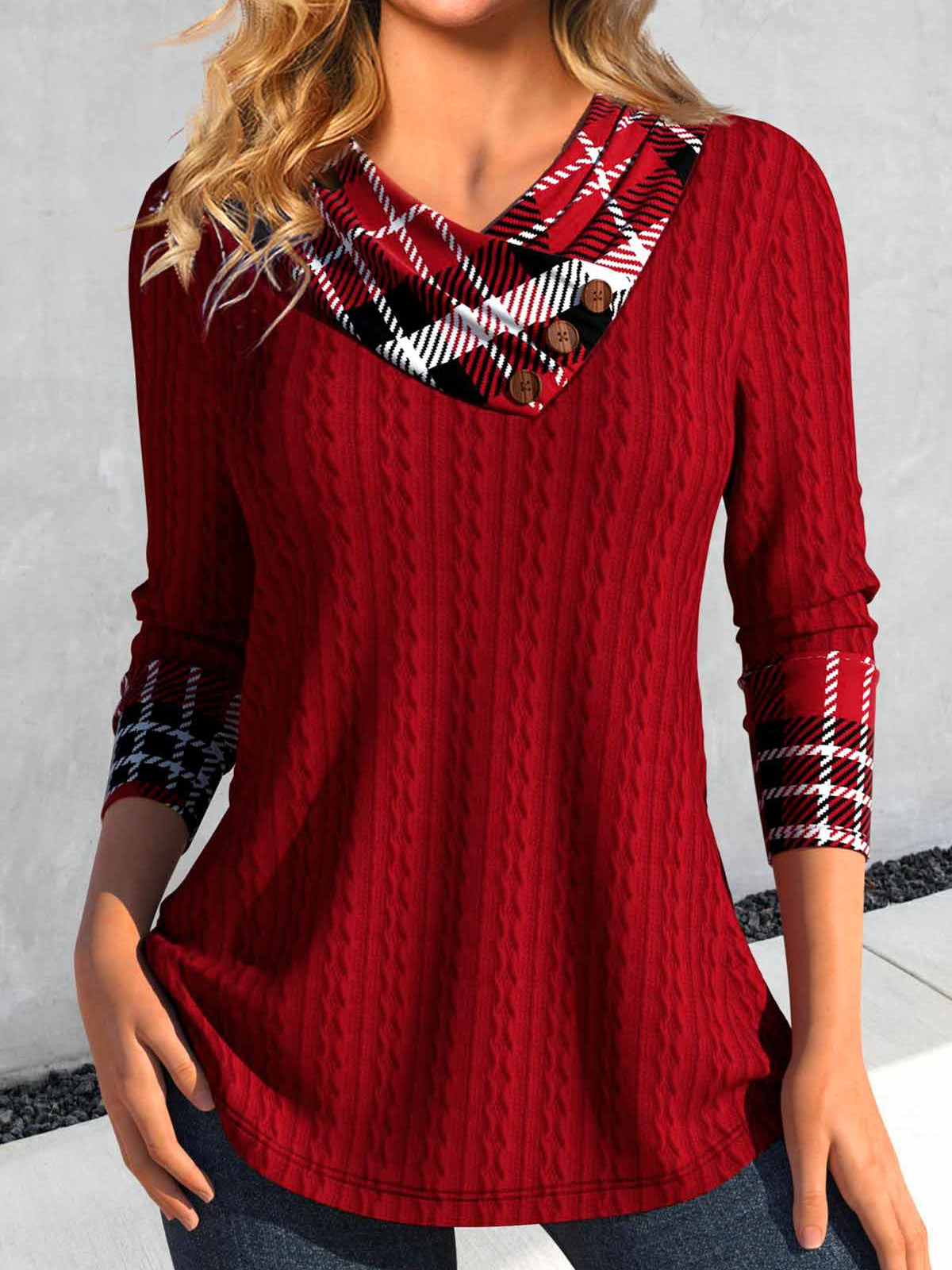 Women Long Sleeve V-neck Solid Button Christmas Tops