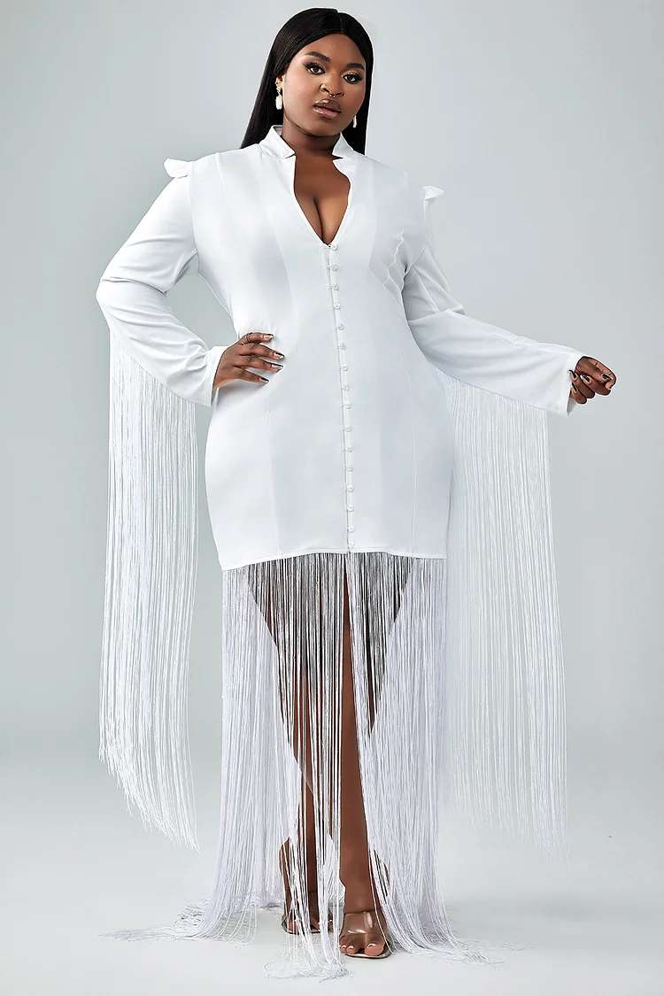Xpluswear Design Plus Size Party Dress White V-Neck Long Sleeve Fringe Mini Dress [Pre-Order]