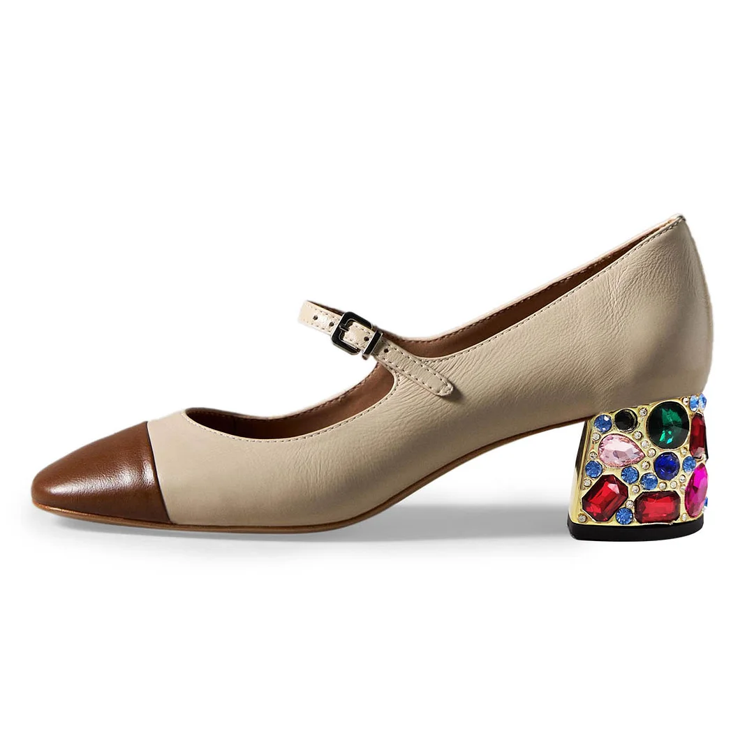 Beige Vegan Leather Brown Square Toe Strap Mary Janes