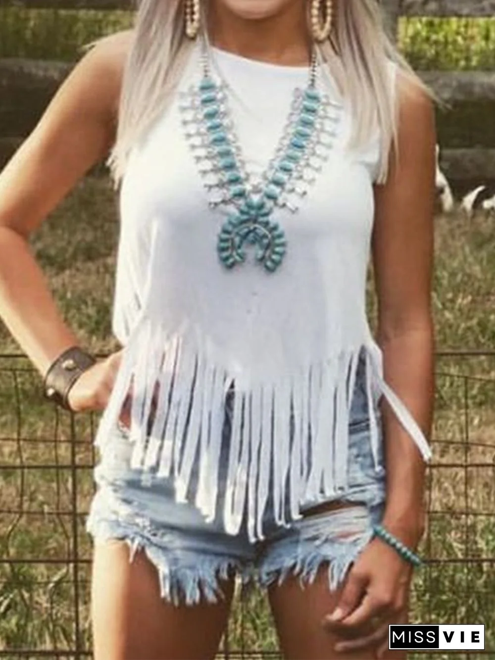 Fringed Vintage Sleeveless Crew Neck T-shirt