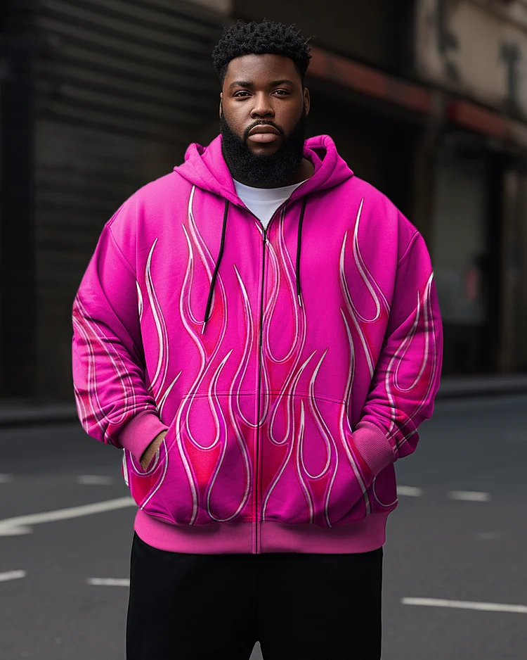 Men's Plus Size Casual Pink Art Flame Zip Hoodie