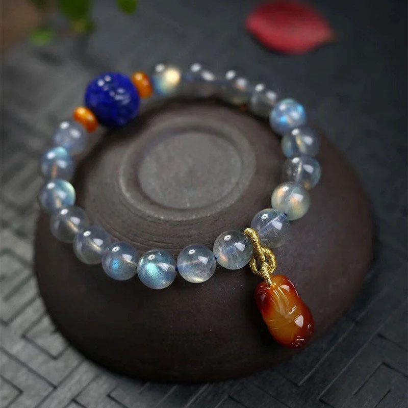 Natural Moonstone Lazurite Amber Calm Healing Positive Bracelet
