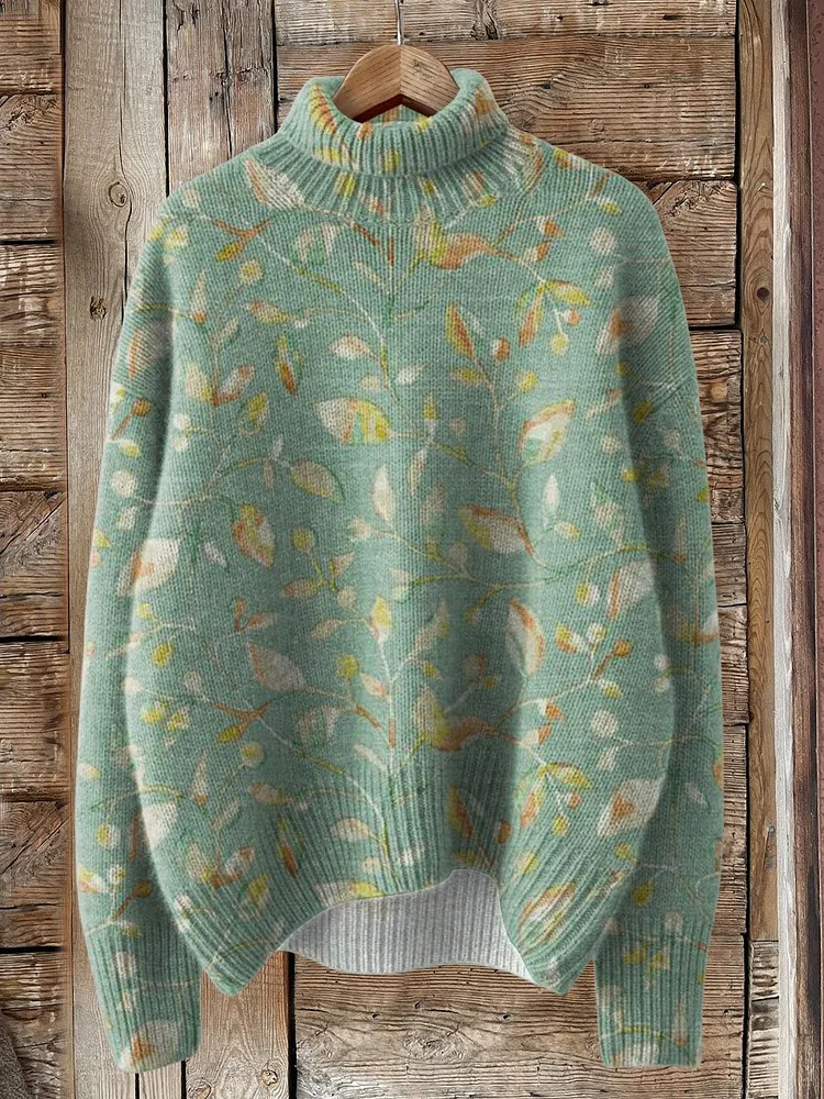 Retro Lovely Floral Art Print Knit Turtleneck Pullover Sweater