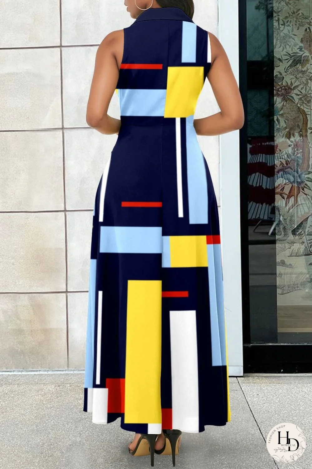 Red Casual Print Patchwork Turndown Collar Long Dress Dresses